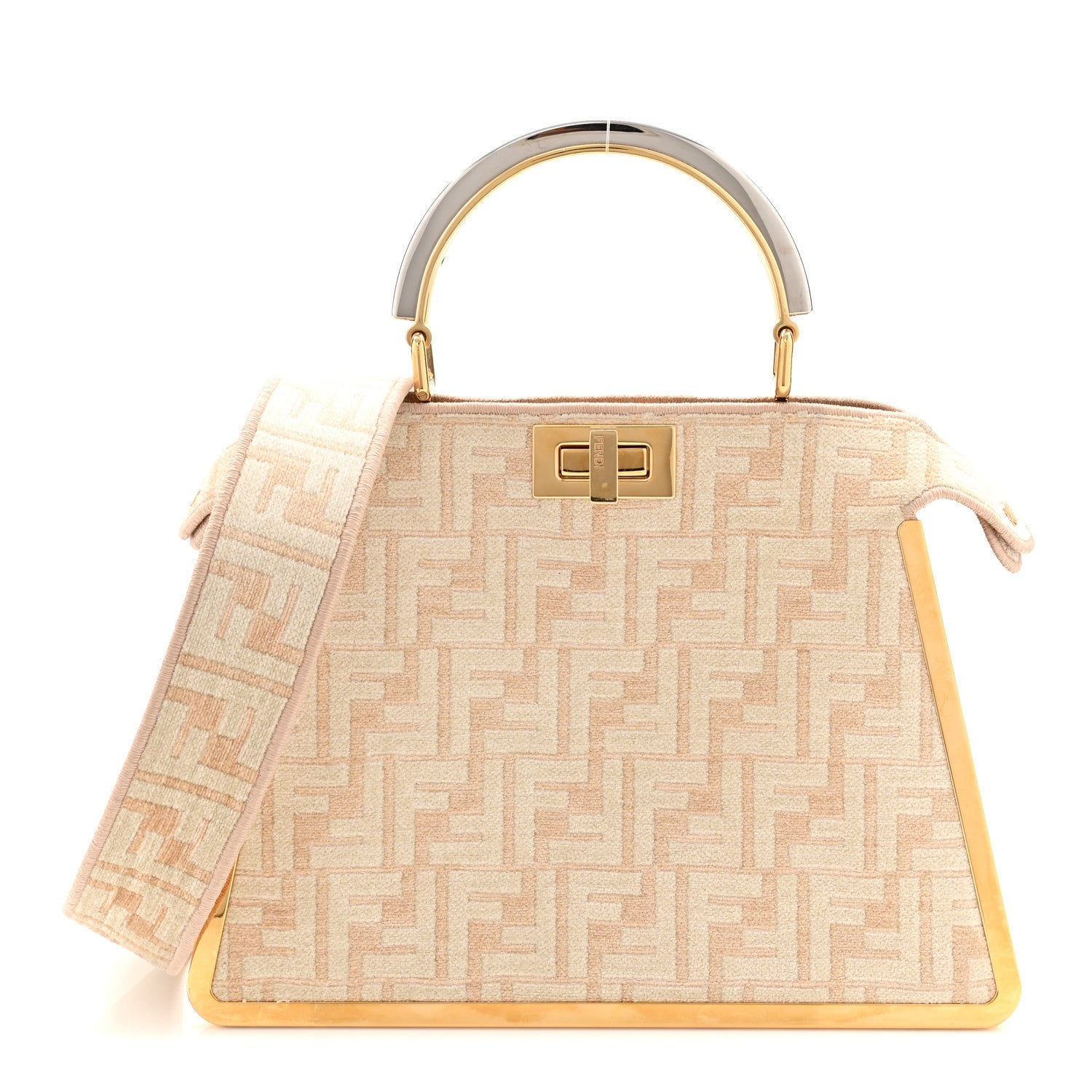 Chenille Suede Metal FF Small Peekaboo I SEE U Satchel Beige White