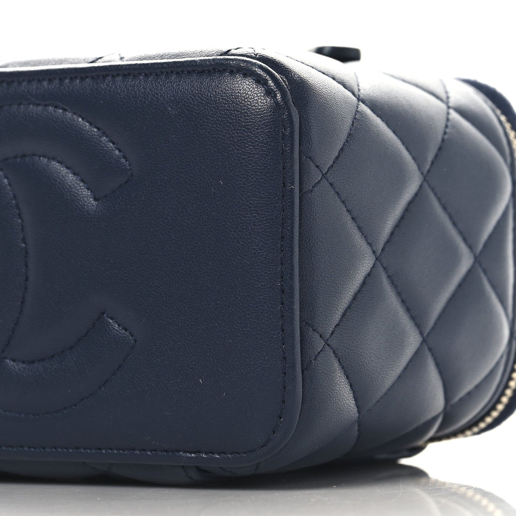 Lambskin Quilted Metal Small Top Handle Vanity Case With Chain Blue