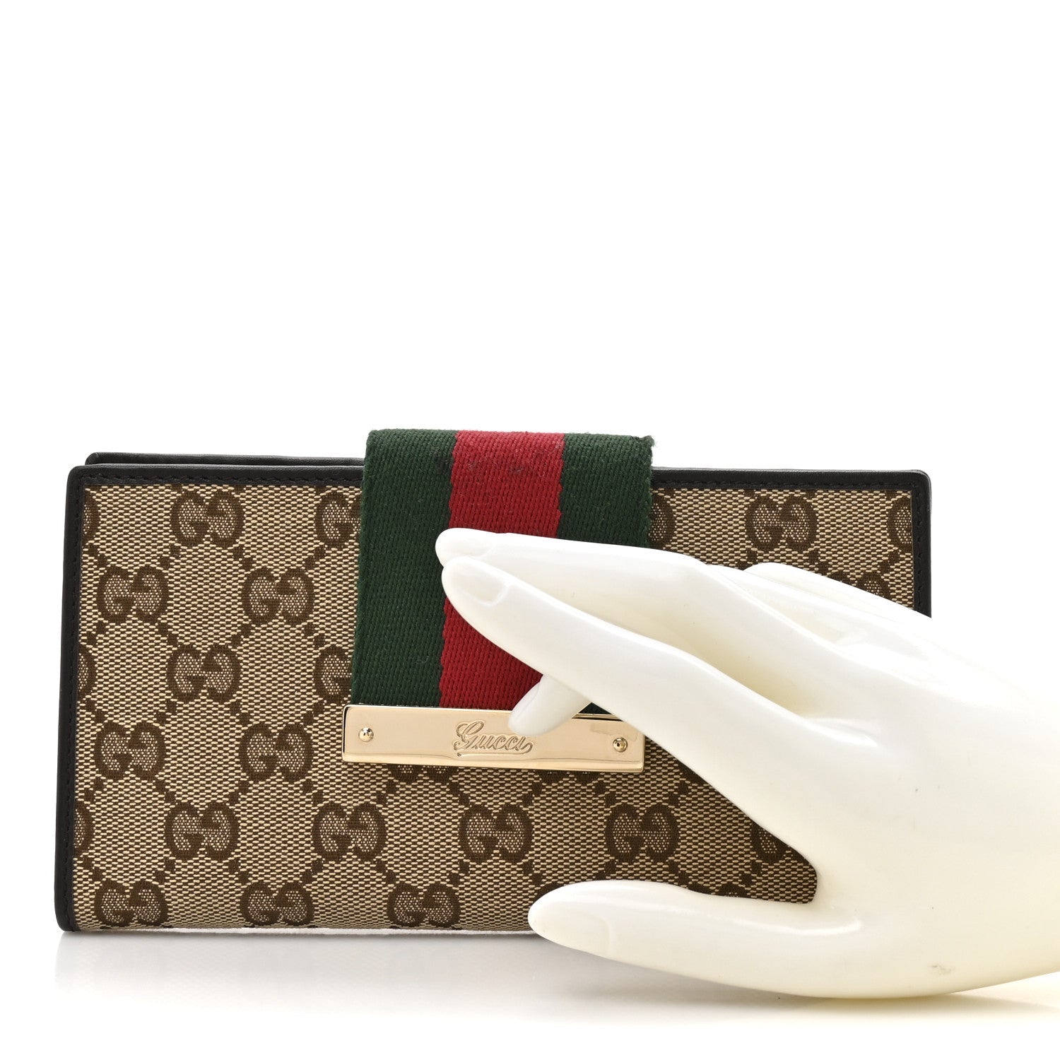 Monogram Calfskin Ladies Web Continental Wallet Beige Ebony Cocoa