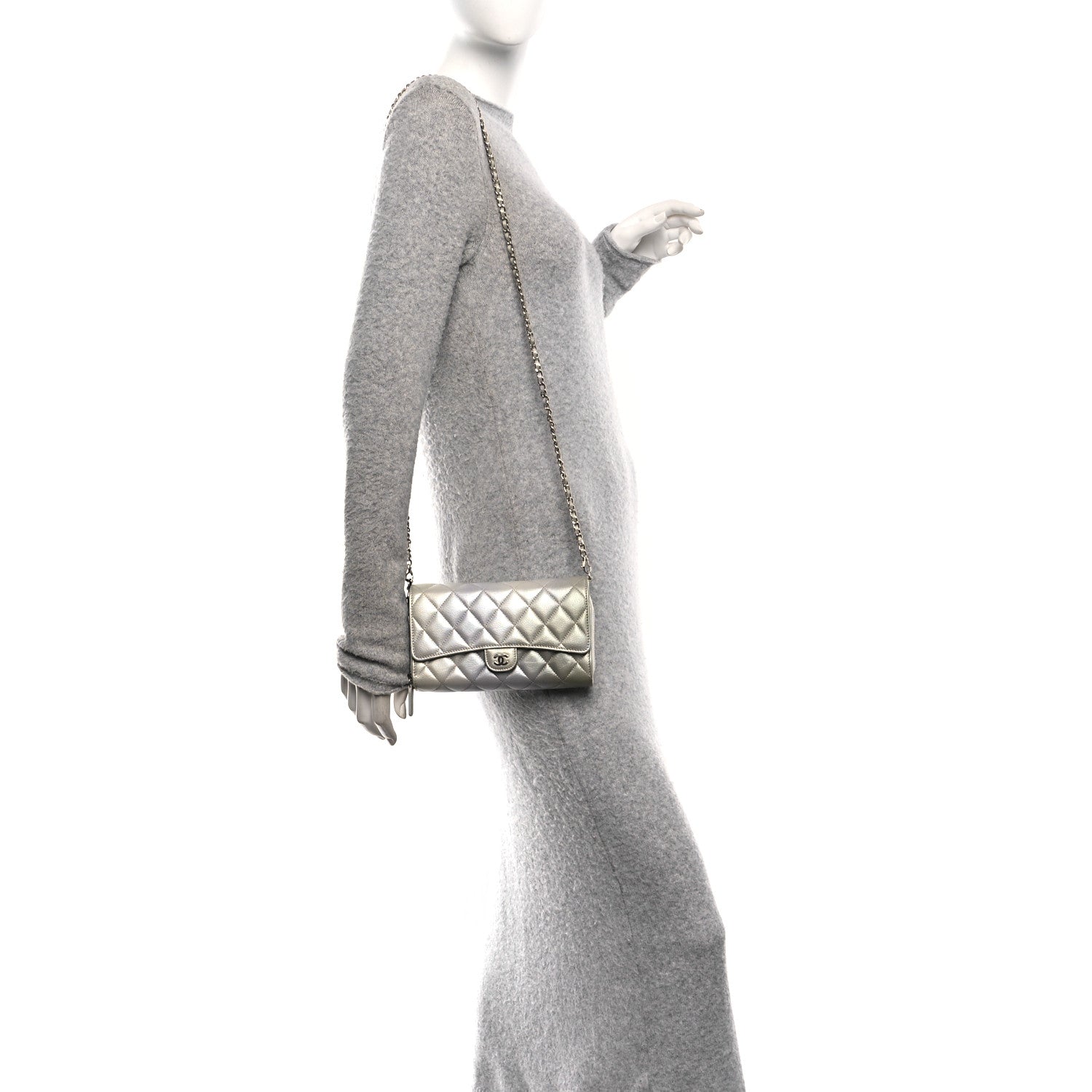 Metallic Goatskin Quilted Ombre Phone Holder Wallet on Removable Chain Grey Green
