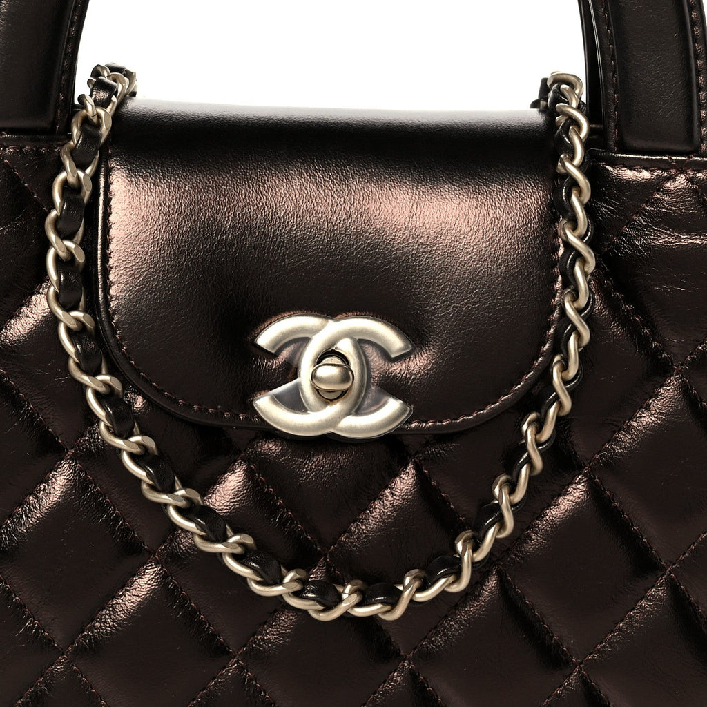 Metallic Aged Calfskin Quilted Nano Kelly Shopper Light Brown