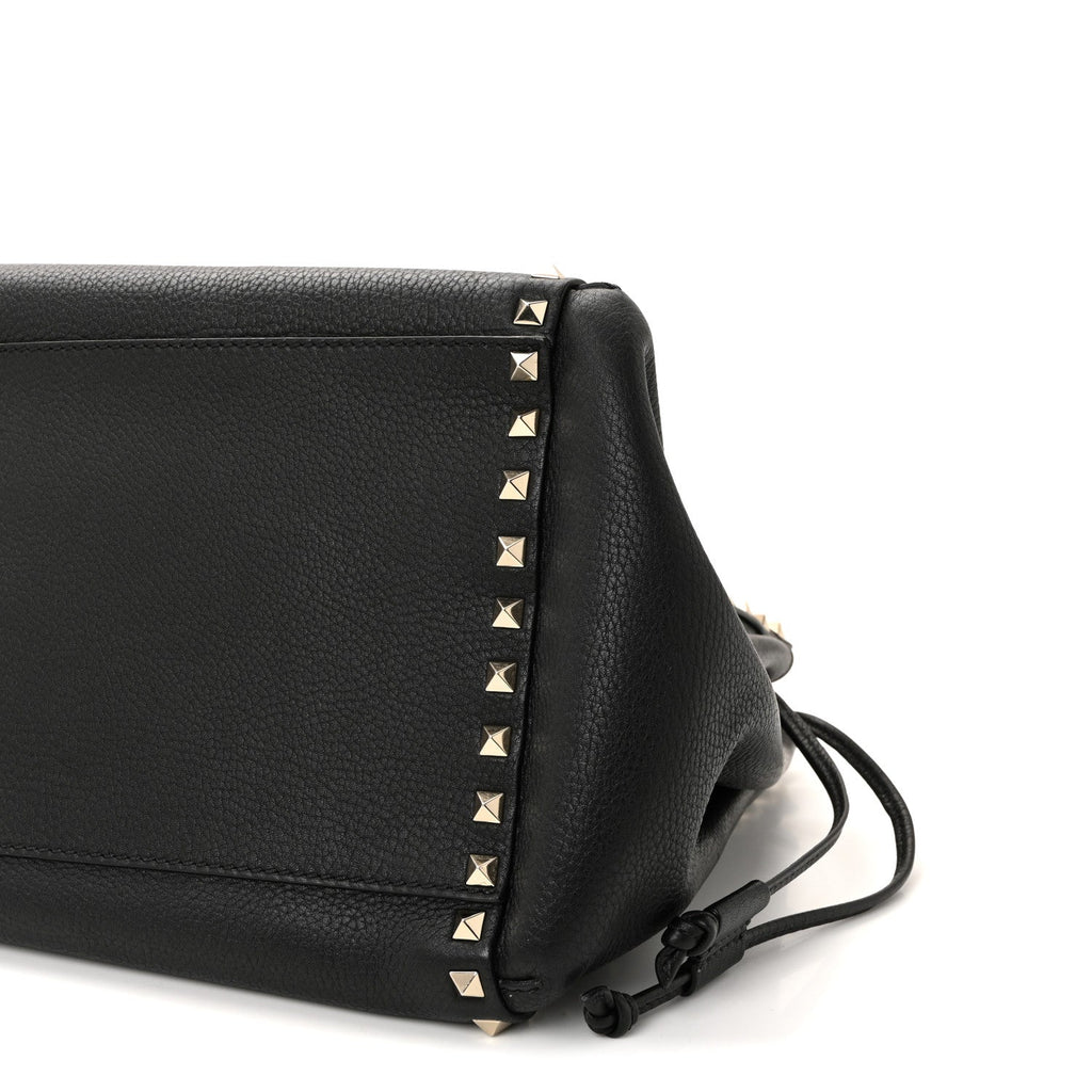 Grained Calfskin Rockstud Double Handle Cinch Tote Black