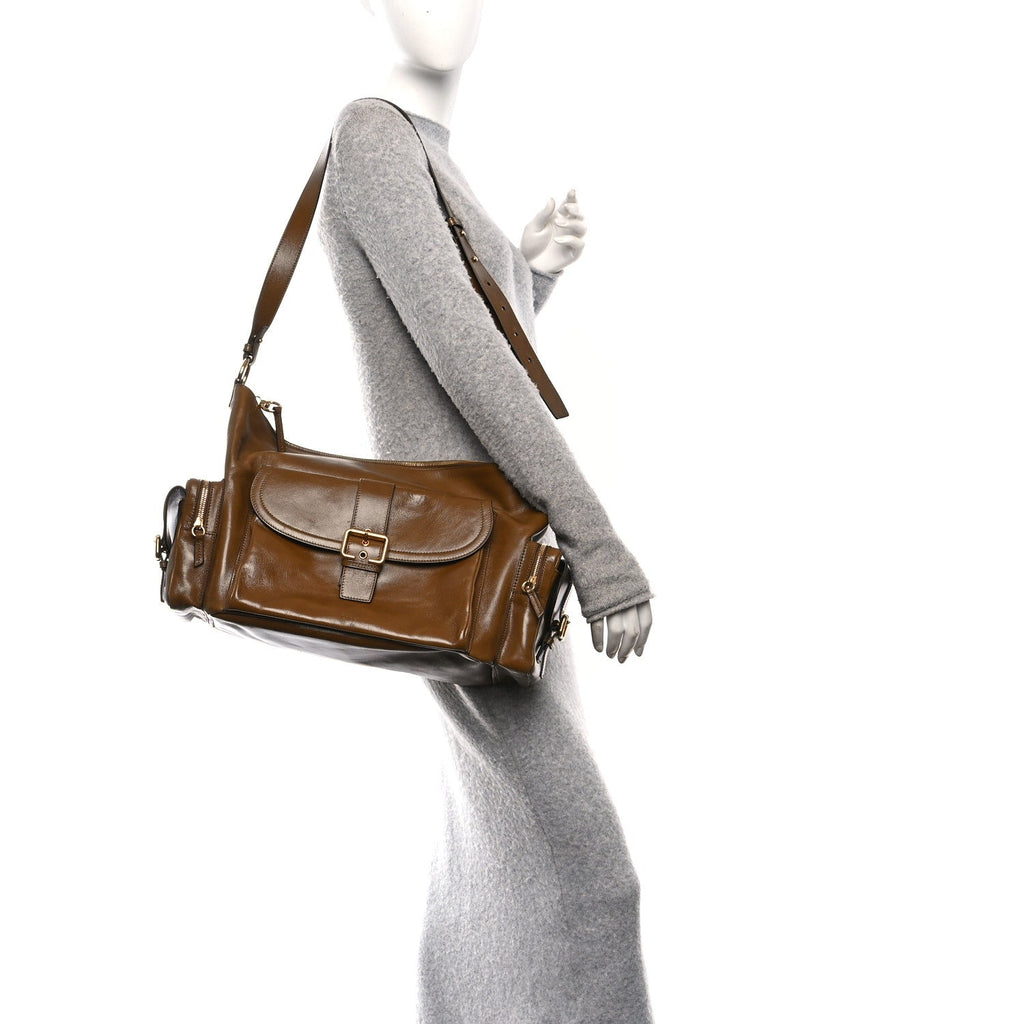 Shiny Calfskin Large Double Carry Camera Bag Dark Khaki