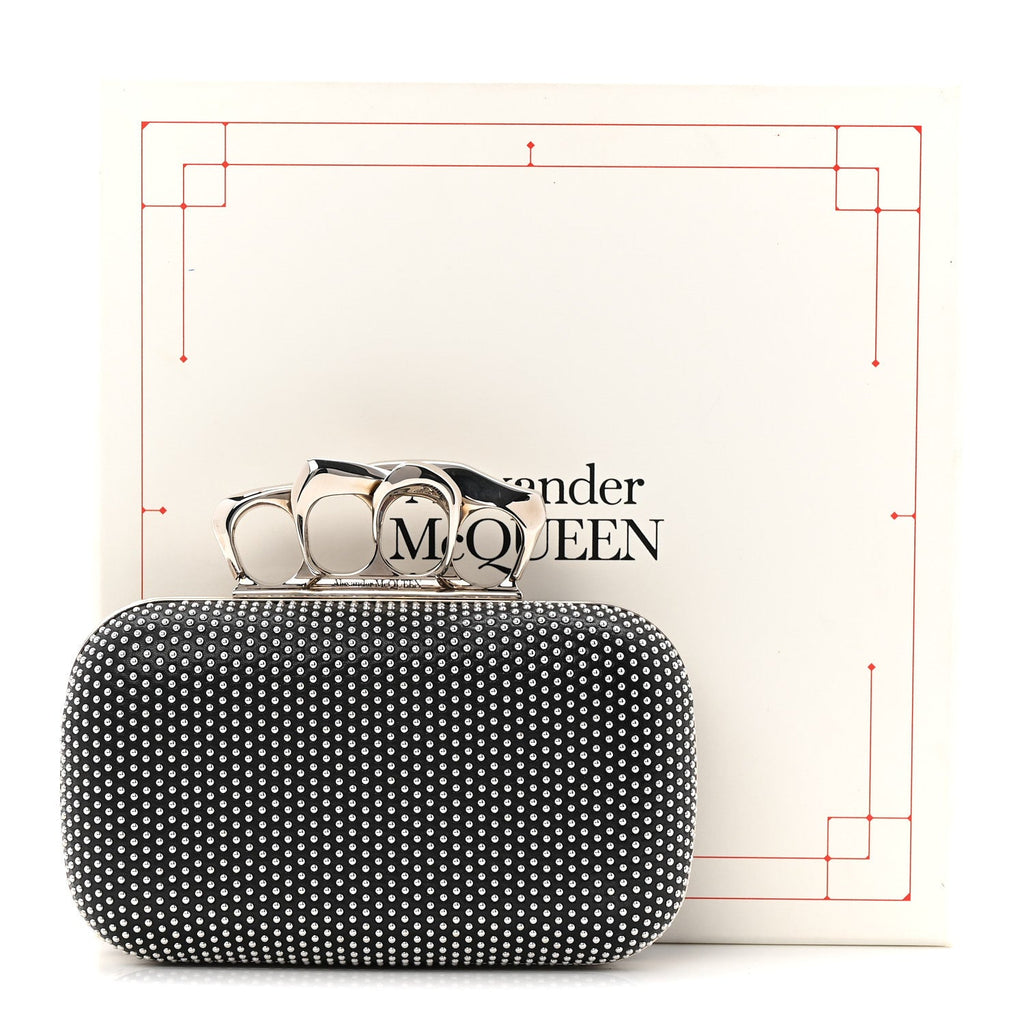 Calfskin Studded Skull Four Ring Knuckle Clutch Black