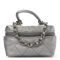 Metallic Caviar Quilted Mini Top Handle Vanity With Chain Silver