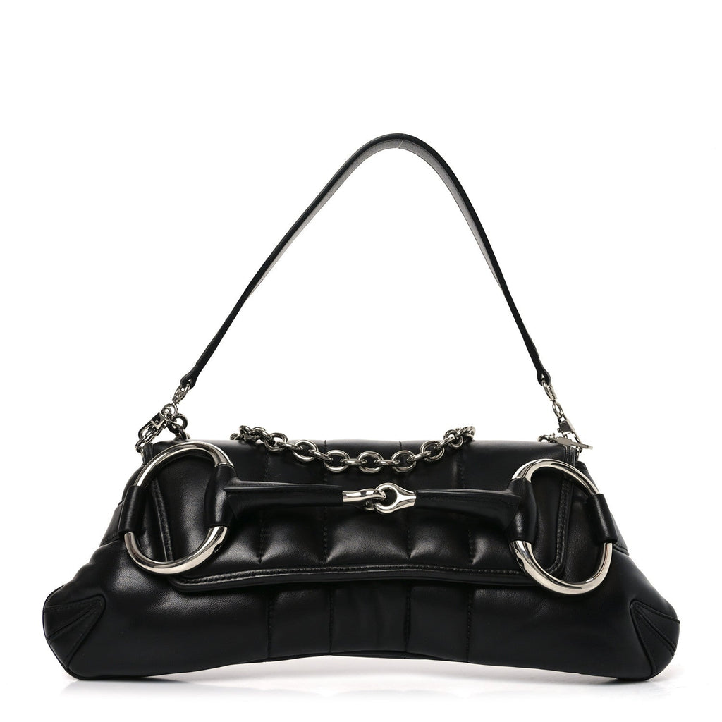 Nappa Vertical Matelasse Medium Maxi Horsebit Chain Shoulder Bag Black