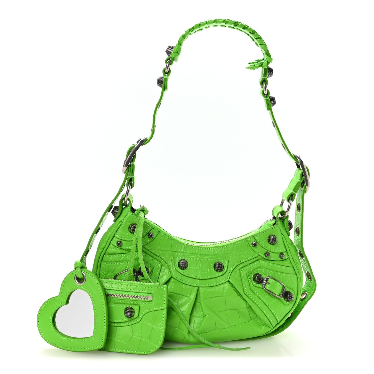 Extra Supple Calfskin Crocodile Embossed Le Cagole Shoulder Bag XS Acid Green