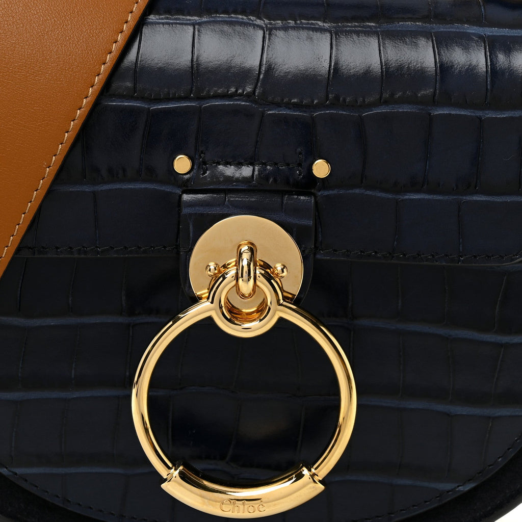 Calfskin Crocodile Embossed Small Tess Bag Full Blue