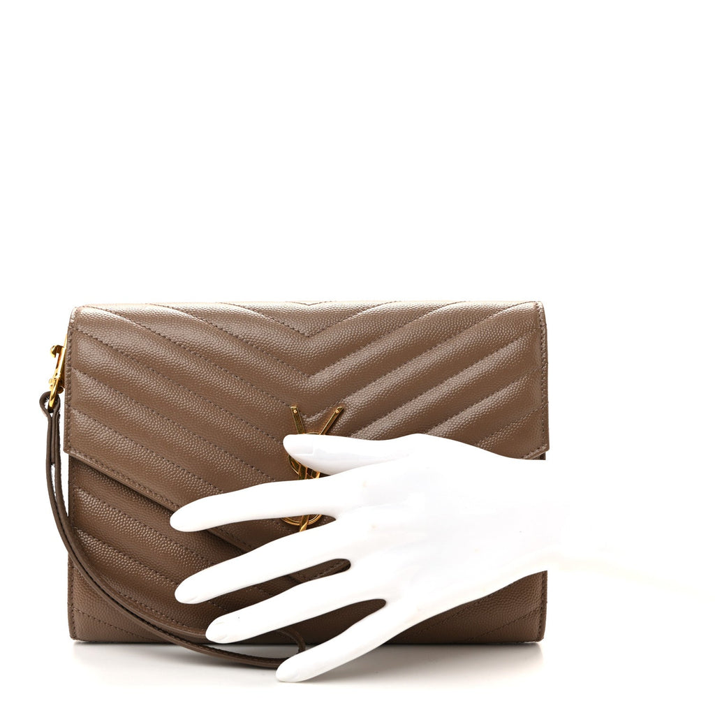 Grain De Poudre Matelasse Chevron Monogram Cassandre Flap Pouch Taupe