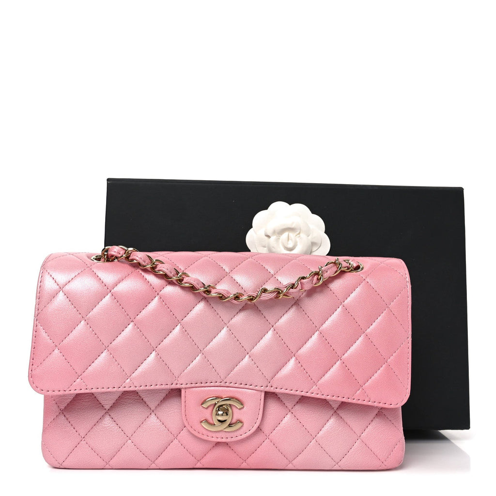Cloudy Pearly Goatskin Quilted Medium Double Flap Pink