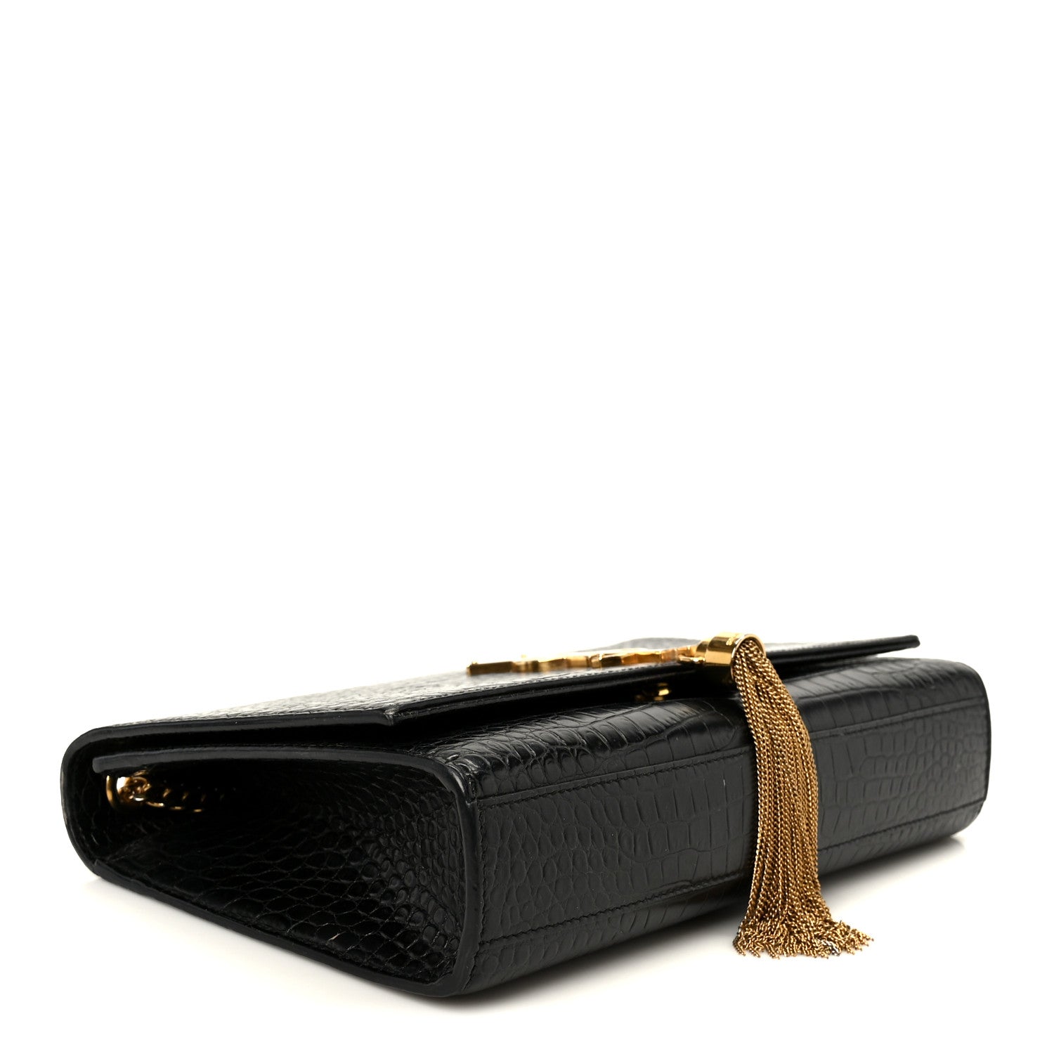 Calfskin Crocodile Embossed Medium Classic Monogram Kate Tassel Satchel Black