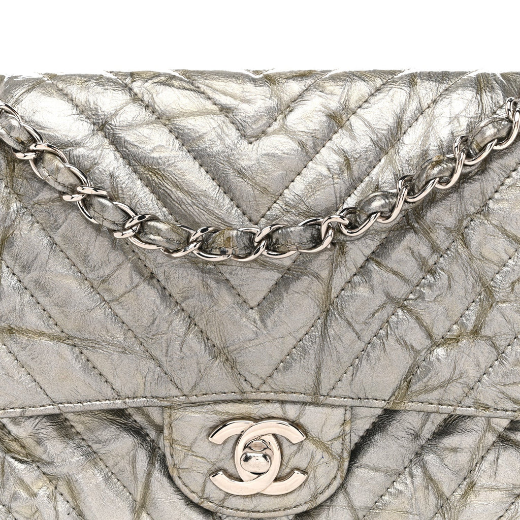 Metallic Patent Crumpled Calfskin Chevron Quilted Medium Double Flap Silver