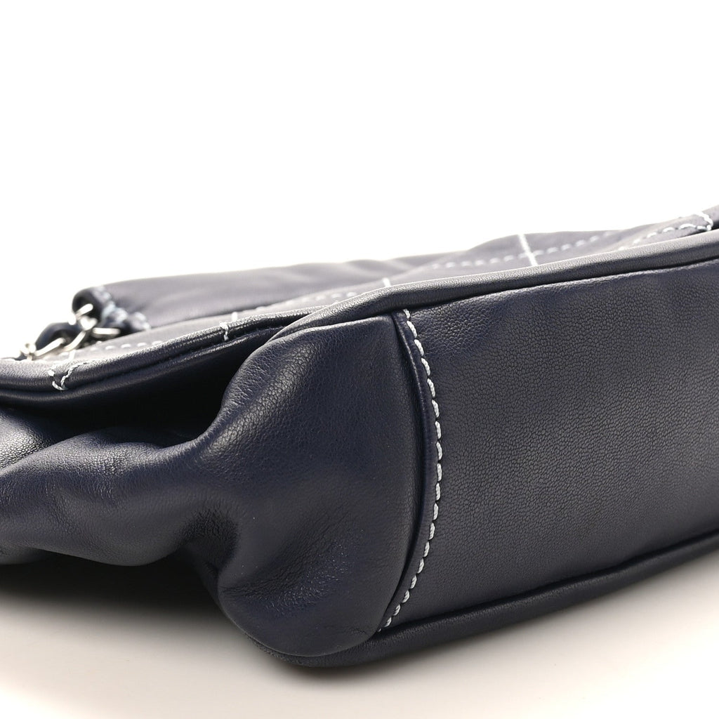 Lambskin Contrast Stitch Small Surpique Accordion Flap Navy