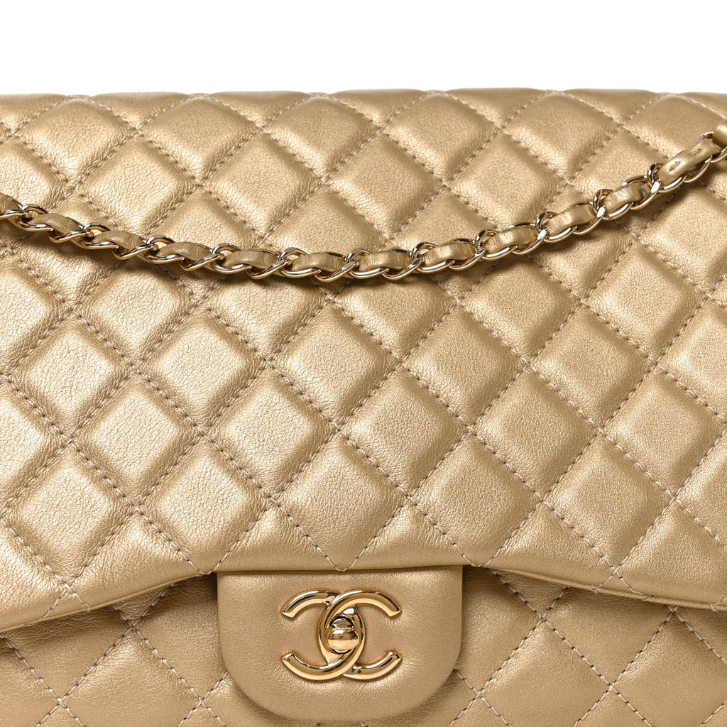 Metallic Calfskin Quilted Small XXL Travel Flap Bag Gold