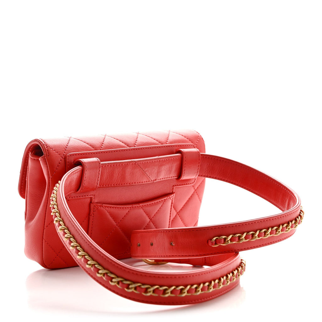 Calfskin Quilted Flap Waist Bag Red