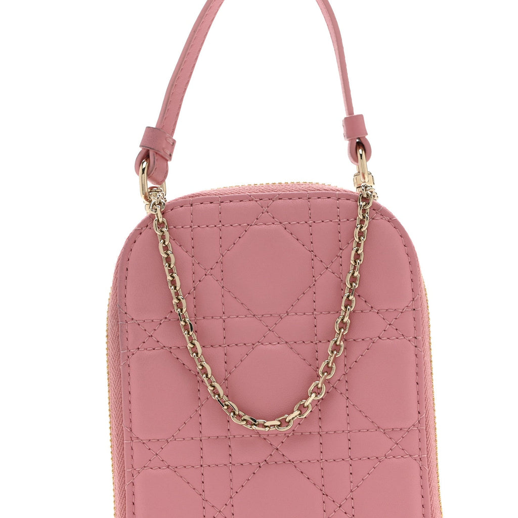 Lambskin Cannage Lady Dior Phone Holder Deep Nude