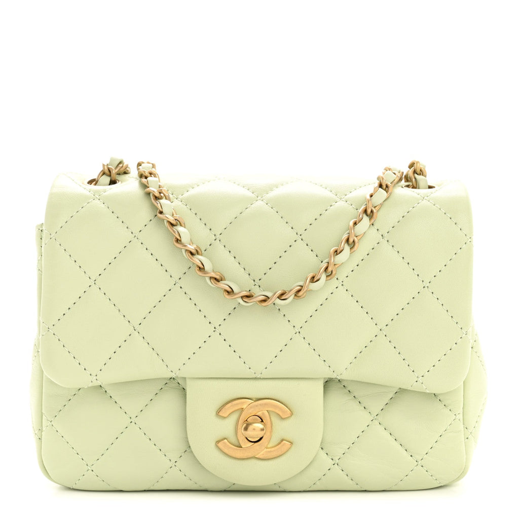 Lambskin Quilted Mini Pearl Crush Flap Light Green