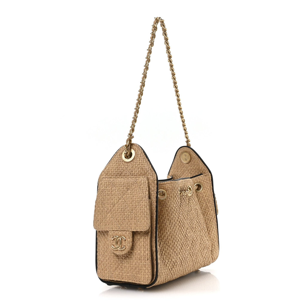 Braided Raffia Calfskin Quilted Mini Chanel 25 Handbag Beige Black