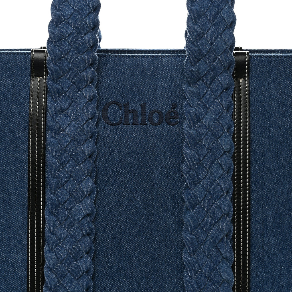Denim Calfskin Large Braided Woody Ribbon Tote  Blue
