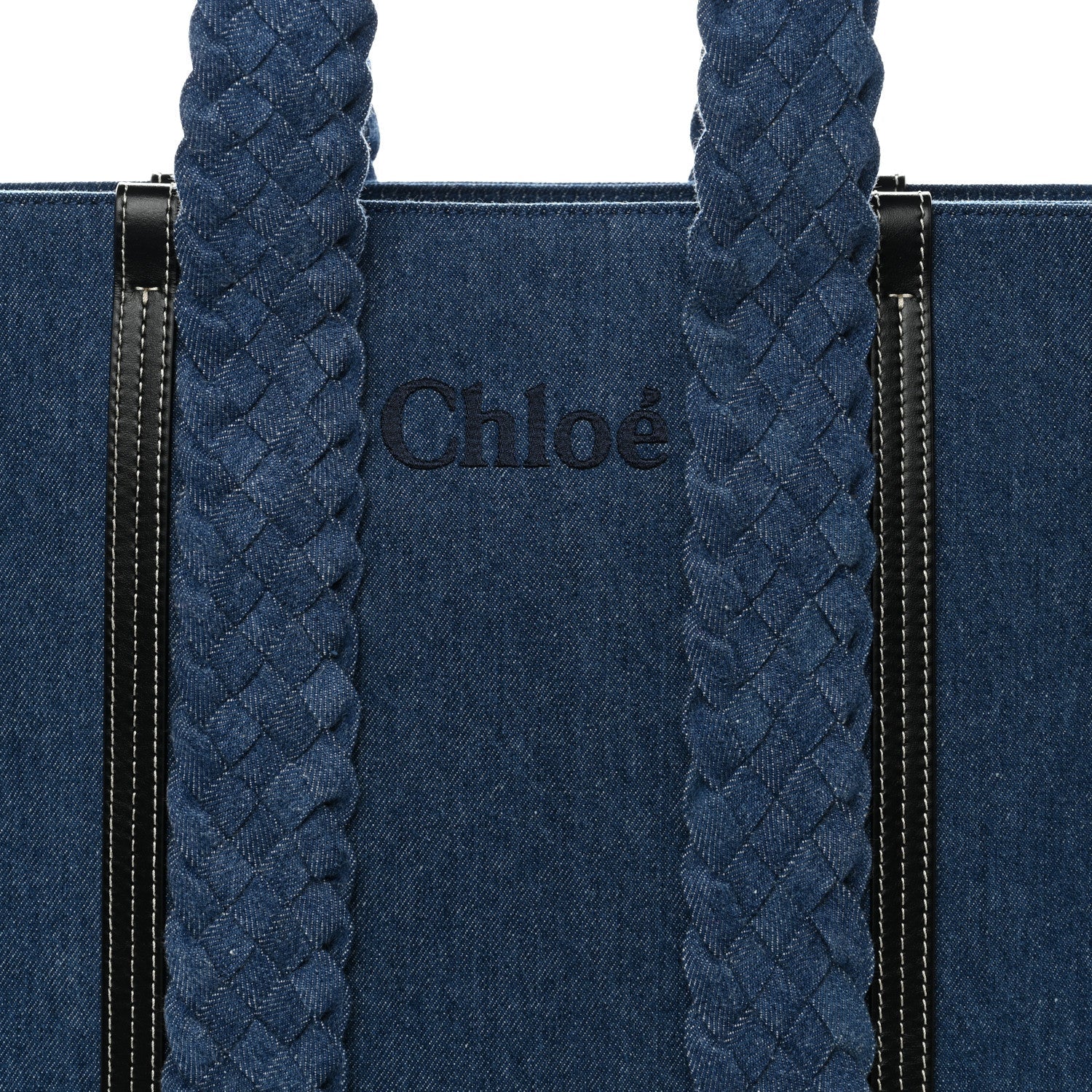 Denim Calfskin Large Braided Woody Ribbon Tote  Blue