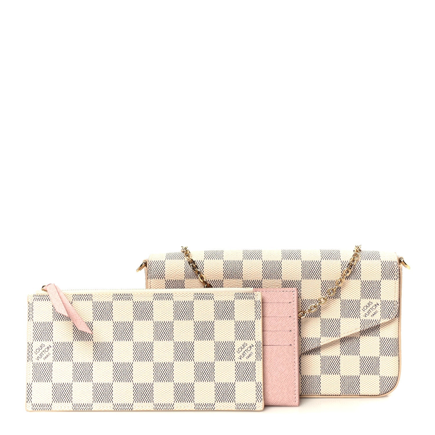 Damier Azur Pochette Felicie Chain Wallet Rose Ballerine