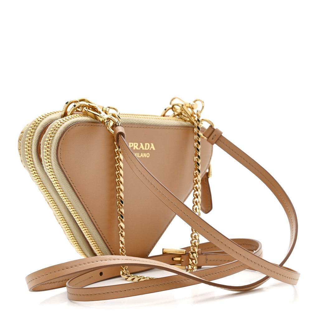 Raffia Calfskin Crochet Logo Embroidered Mini Triangle Crossbody Pouch Naturale