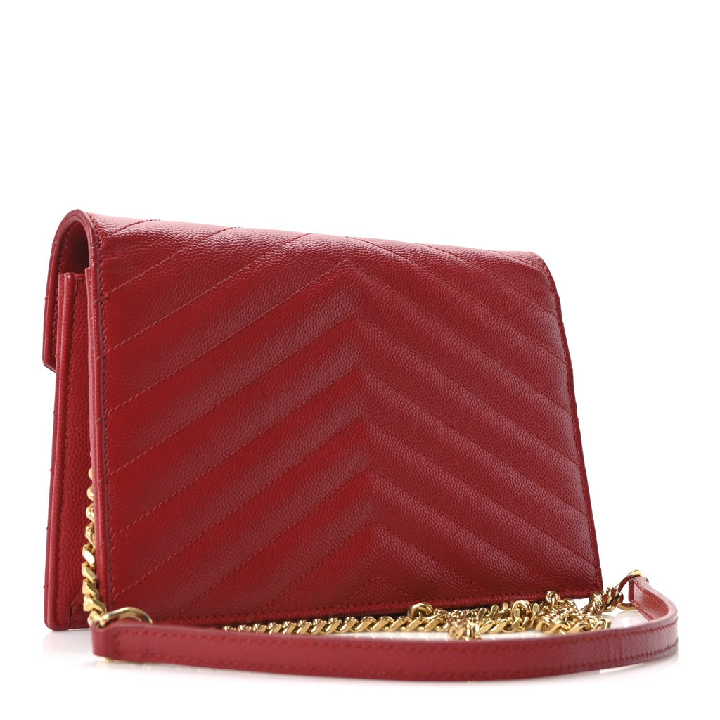Grain De Poudre Matelasse Chevron Monogram Envelope Chain Wallet New Red