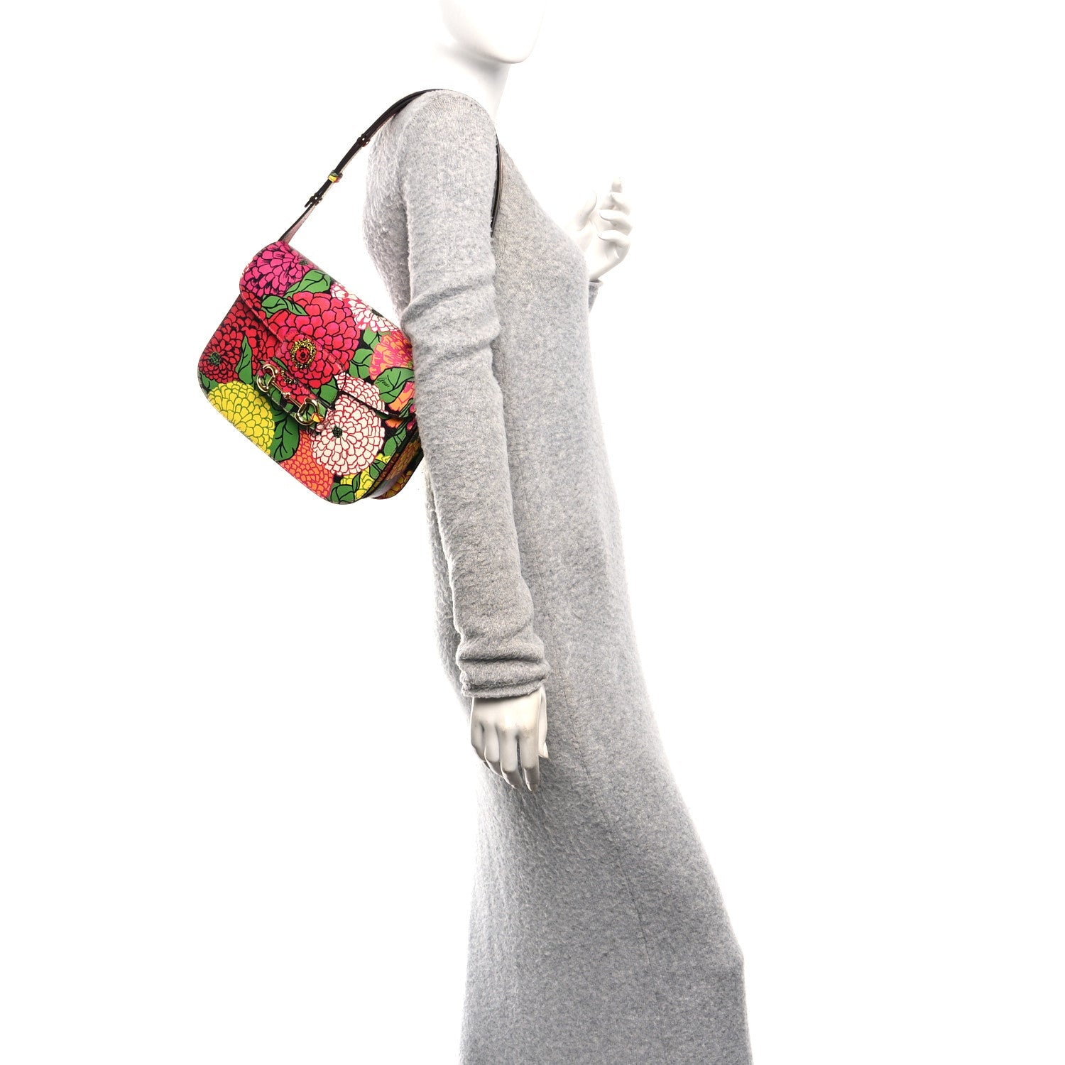 X KEN SCOTT Textured Calfskin Pomponica Print Horsebit 1955 Shoulder Bag Multicolor Fuxia Pompom