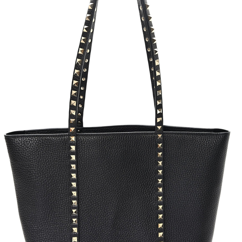 Grained Calfskin North South Rockstud Tote Black