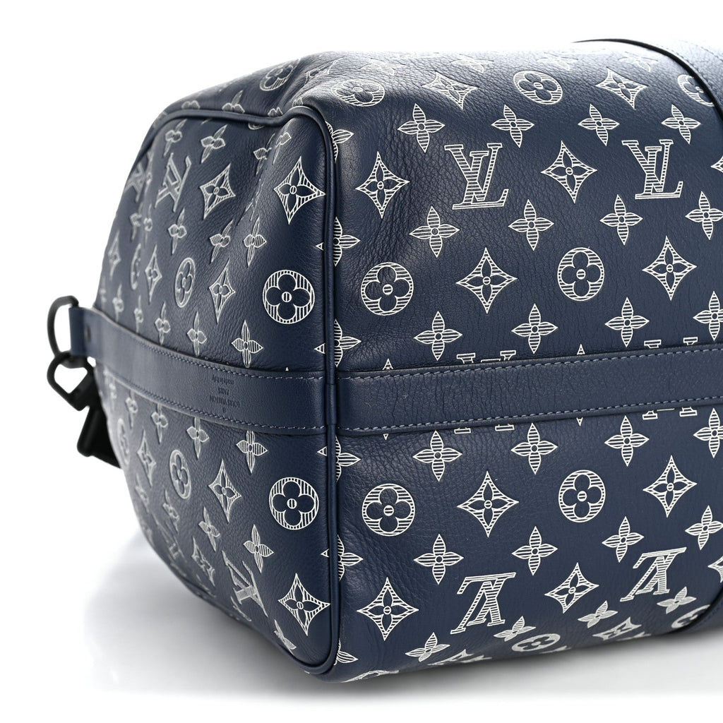 Calfskin Shadow Monogram Keepall Bandouliere 50 Ink Blue White