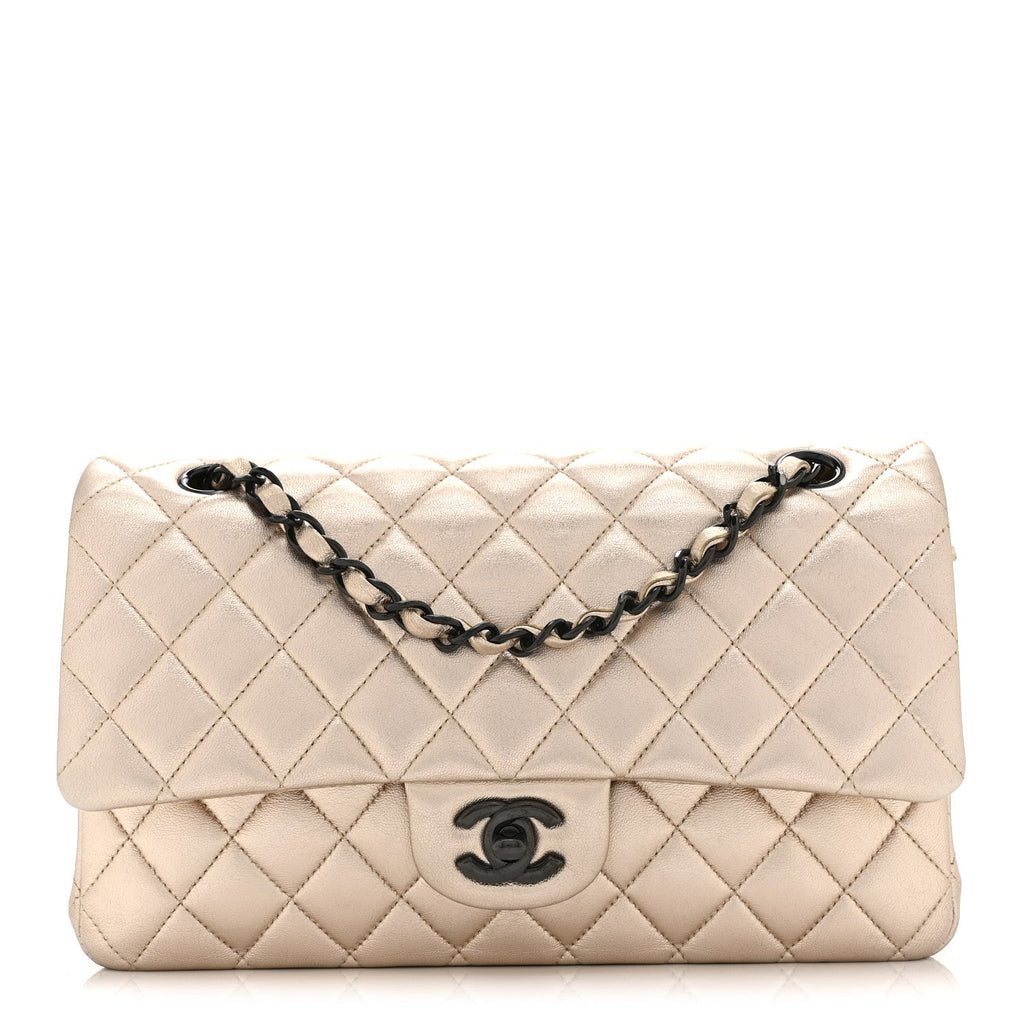 Metallic Lambskin Quilted Medium Double Flap Gold Black