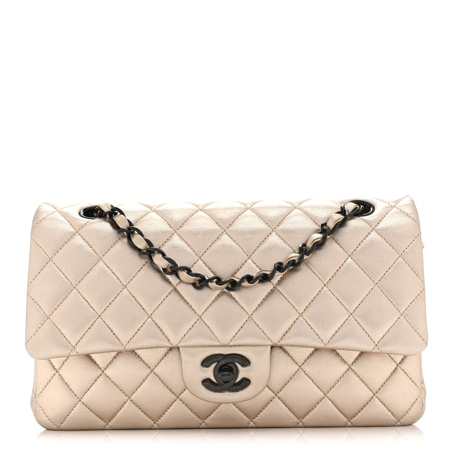Metallic Lambskin Quilted Medium Double Flap Gold Black