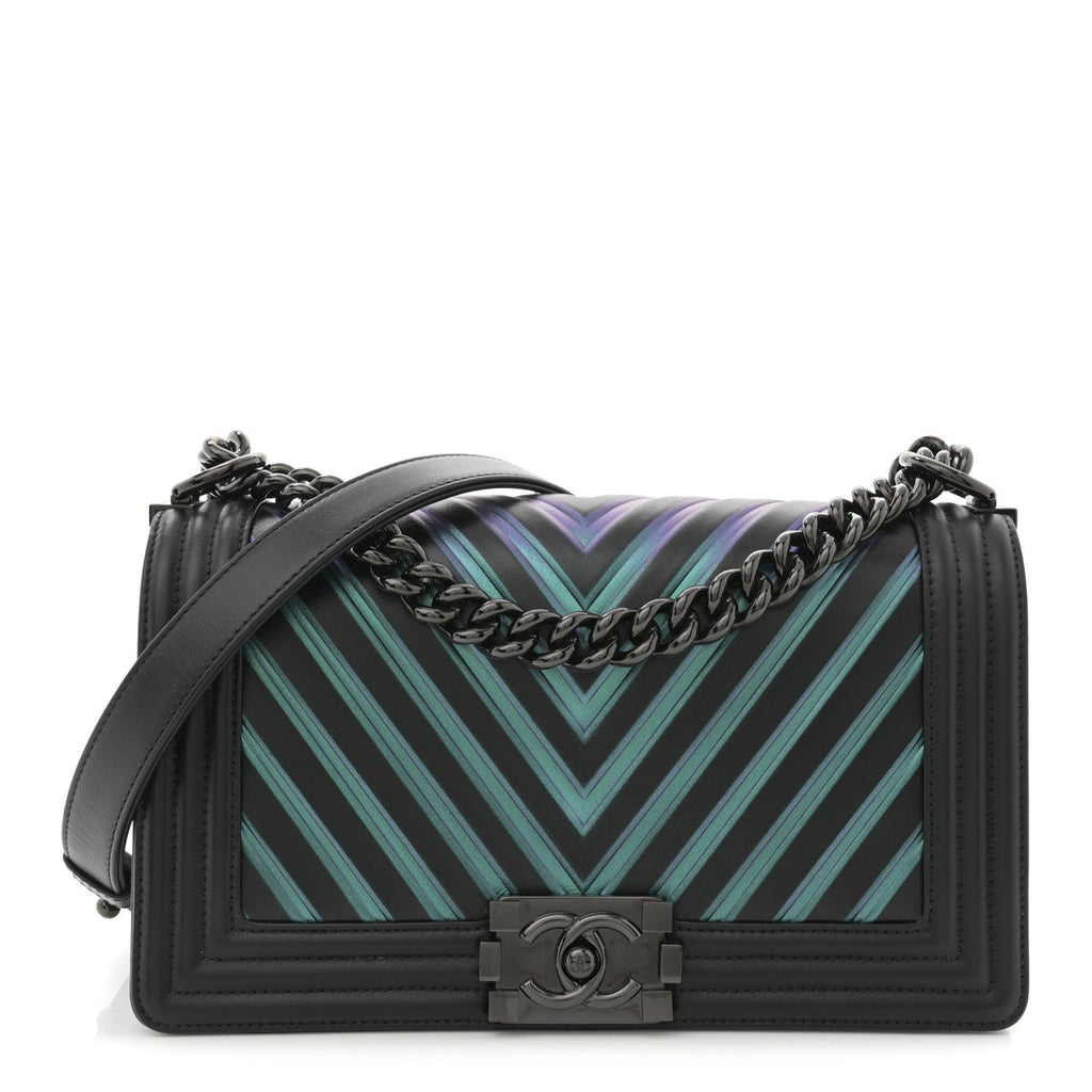 Calfskin Painted Chevron Embossed Medium Boy Flap Black