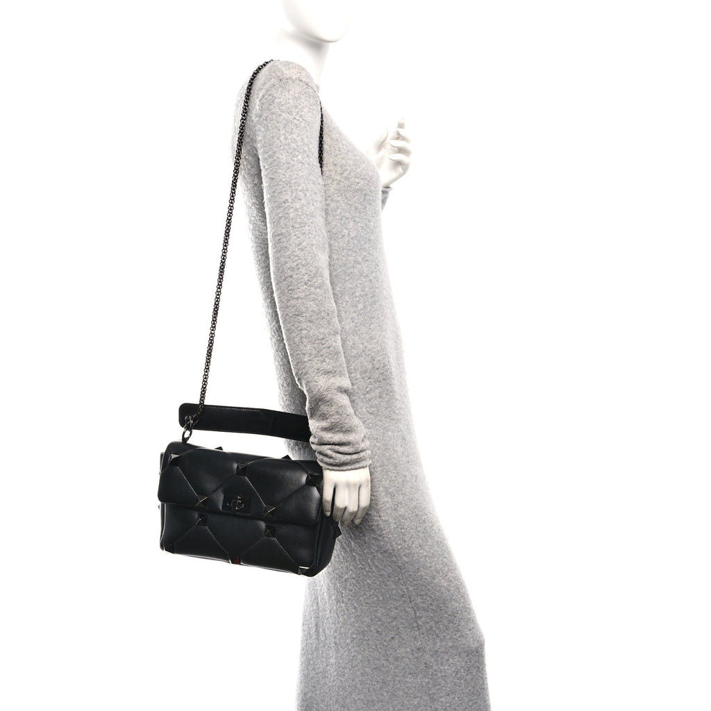 Nappa Monochrome Large Roman Stud Shoulder Bag Black