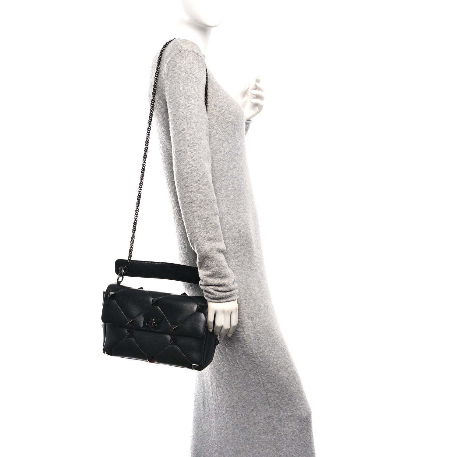 Nappa Monochrome Large Roman Stud Shoulder Bag Black