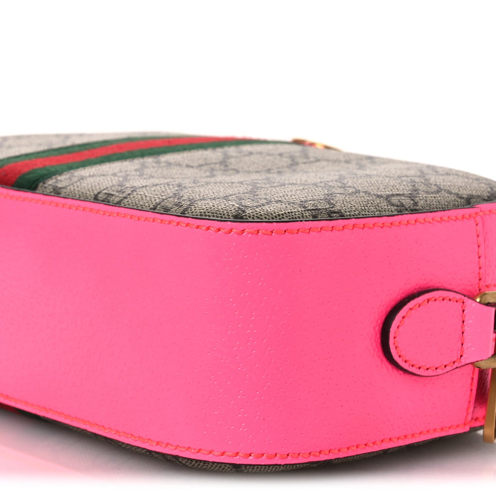 GG Supreme Monogram Textured Dollar Calfskin Web Ophidia Small Crossbody Bag Beige Ebony Fuchsia