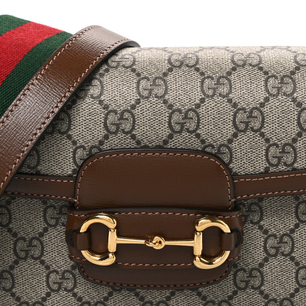 GG Supreme Monogram Web Mini Horsebit 1955 Shoulder Bag Beige Brown Sugar