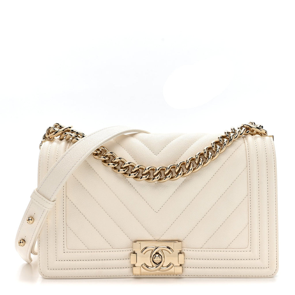 Caviar Chevron Quilted Medium Boy Flap White