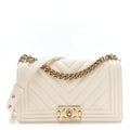 Caviar Chevron Quilted Medium Boy Flap White
