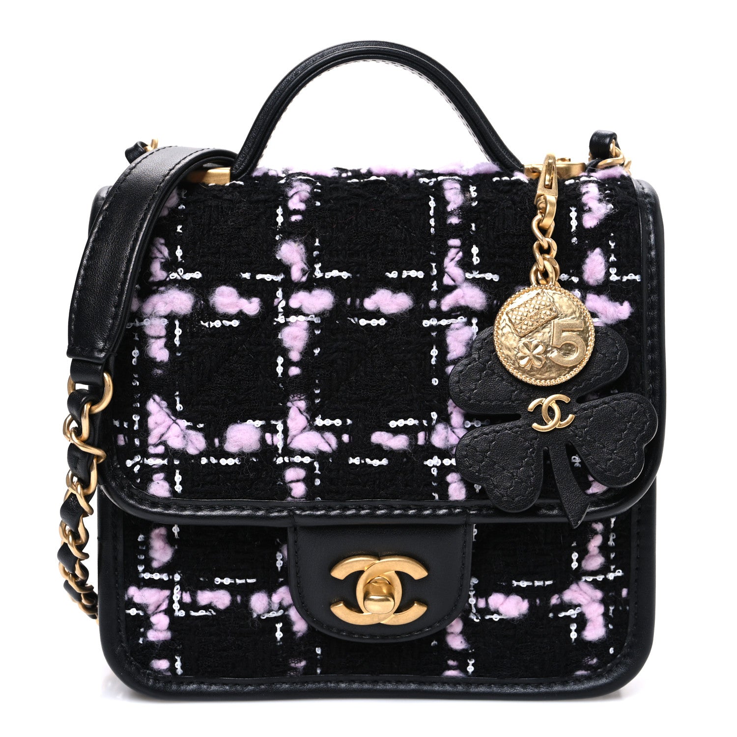 Tweed Calfskin School Memory Mini Top Handle Flap Black Pink White