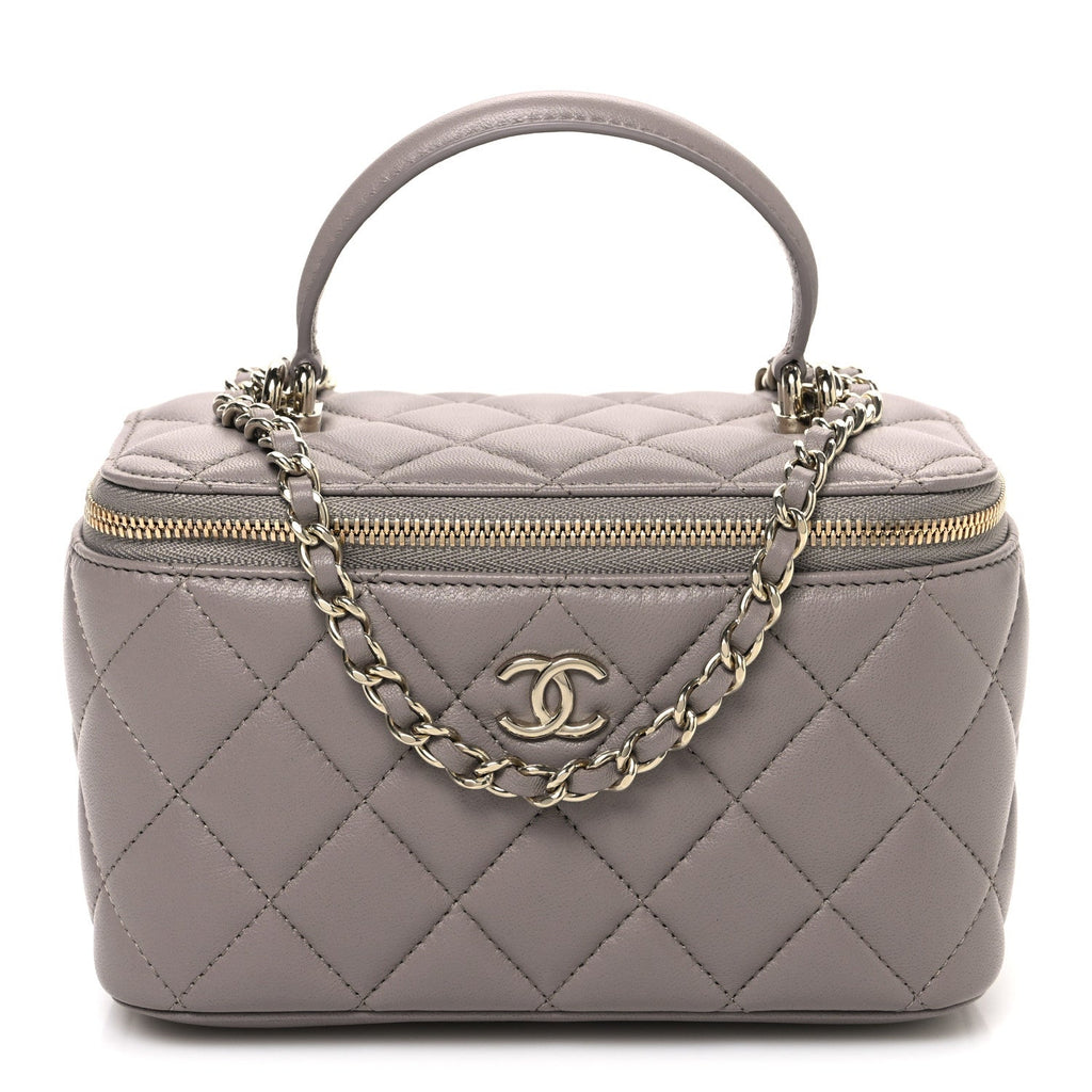 Lambskin Quilted Small Top Handle Vanity Case With Chain Dark Grey