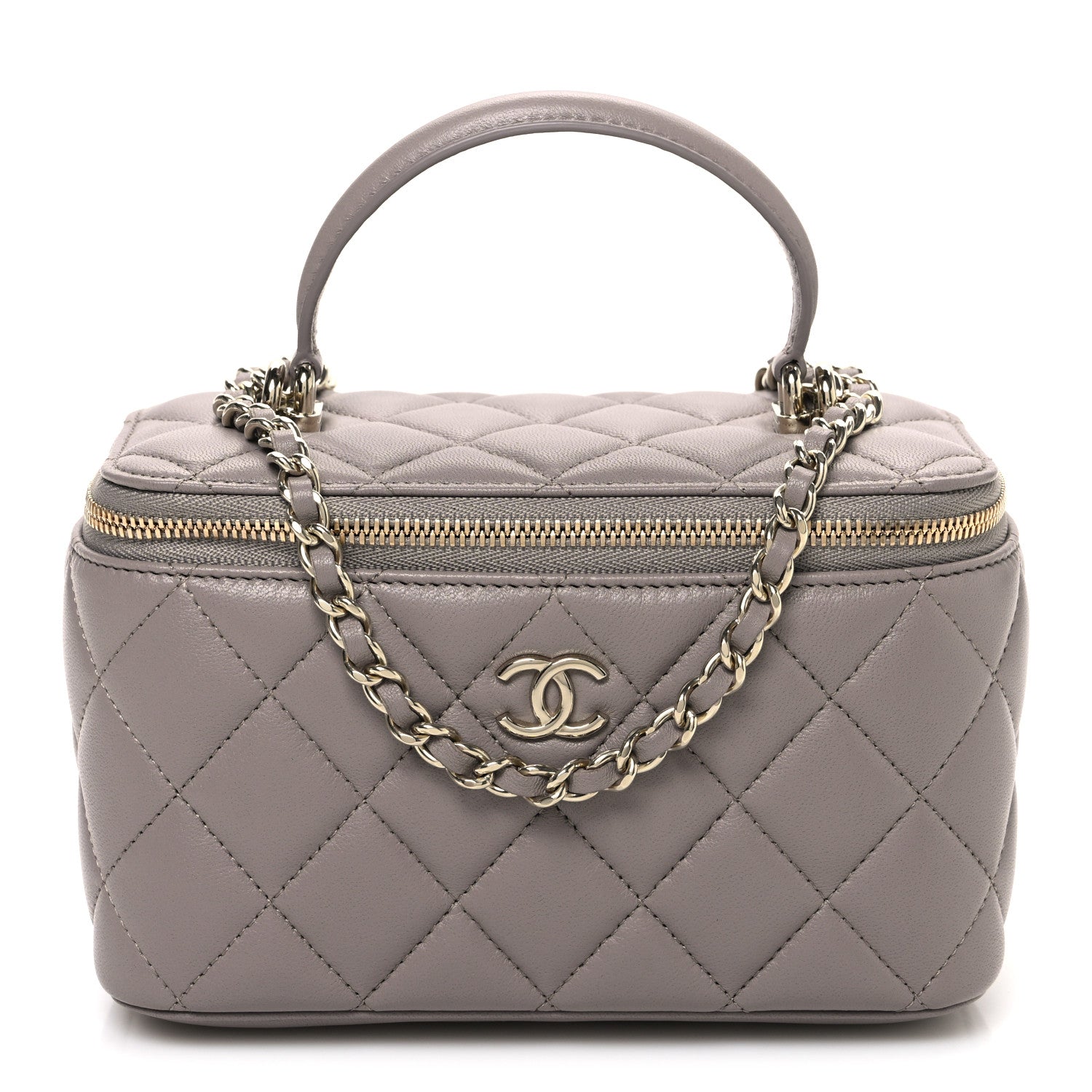 Lambskin Quilted Small Top Handle Vanity Case With Chain Dark Grey