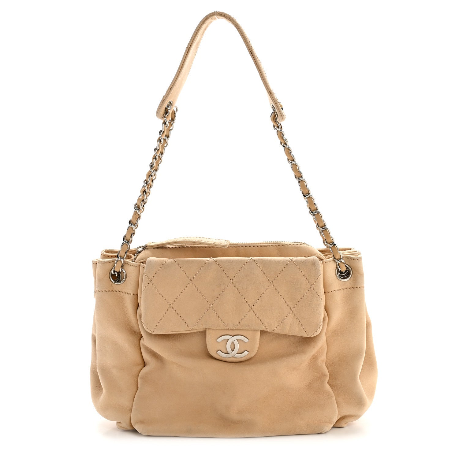 Lambskin Stitched Accordion Flap Tote Beige