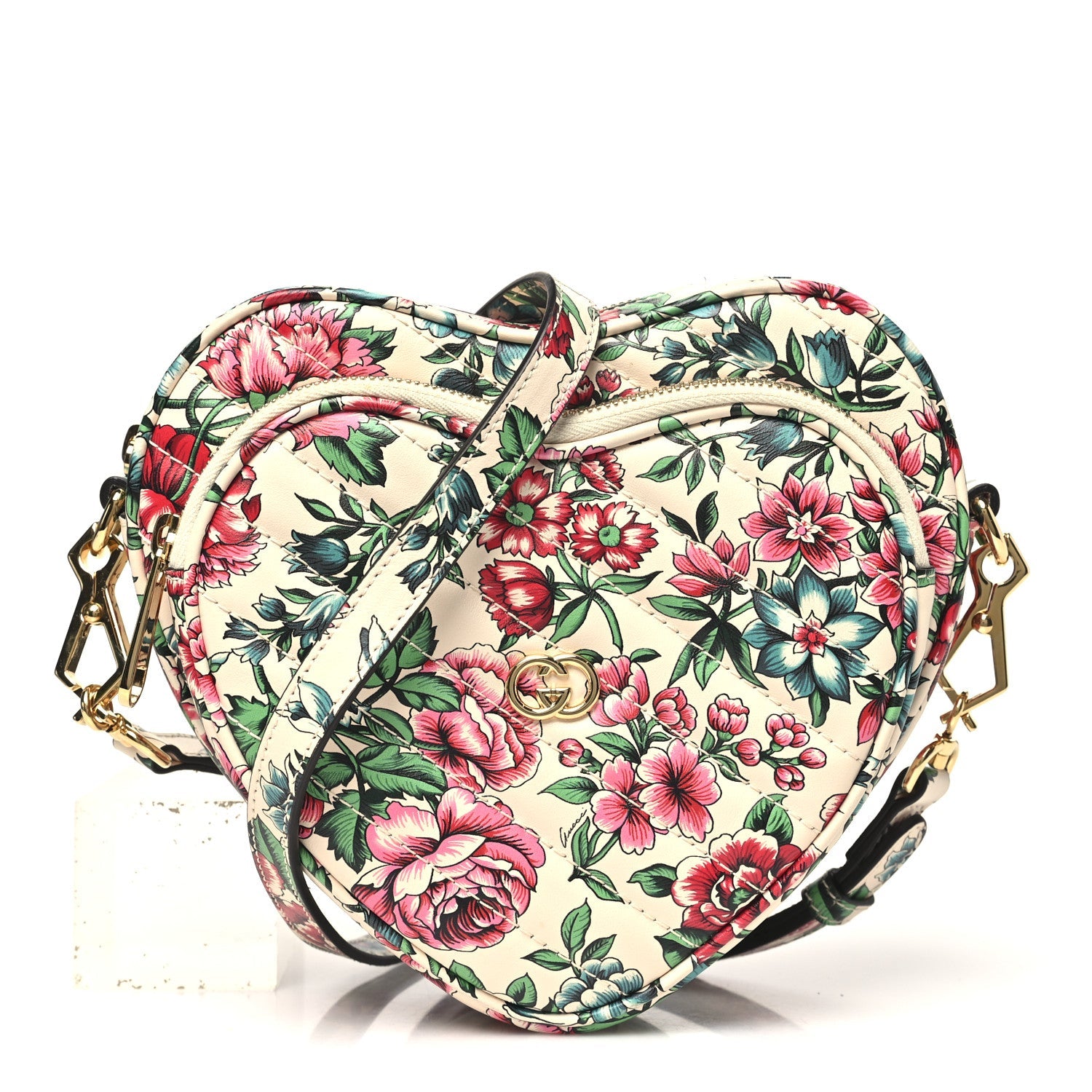 Calfskin Matelasse Diagonal Brit Roses Print Mini Interlocking G Heart Shoulder Bag White Multicolor