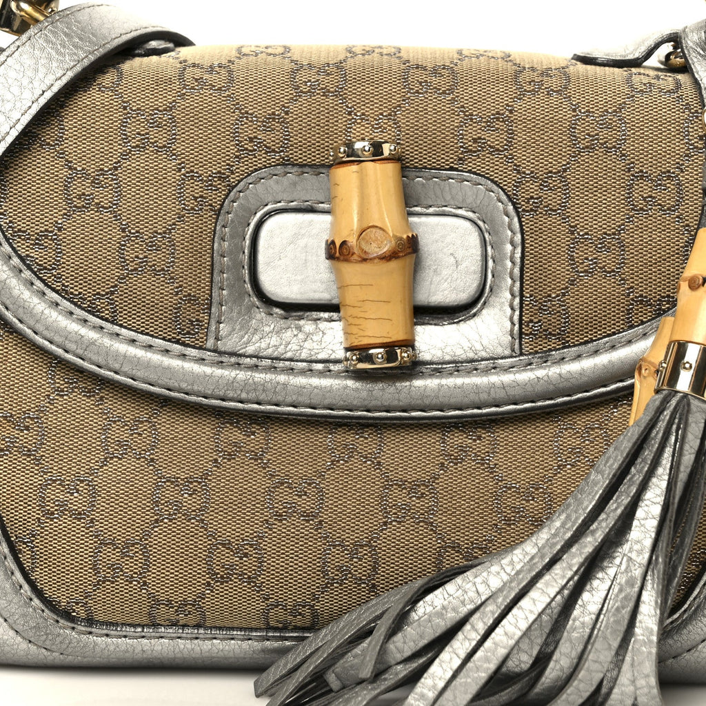 Monogram Metallic Calfskin Medium New Bamboo Top Handle Bag Silver Beige