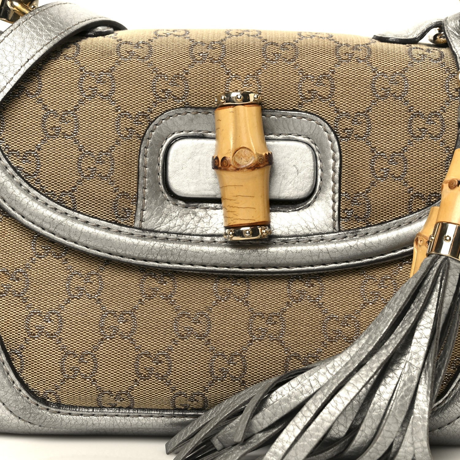 Monogram Metallic Calfskin Medium New Bamboo Top Handle Bag Silver Beige