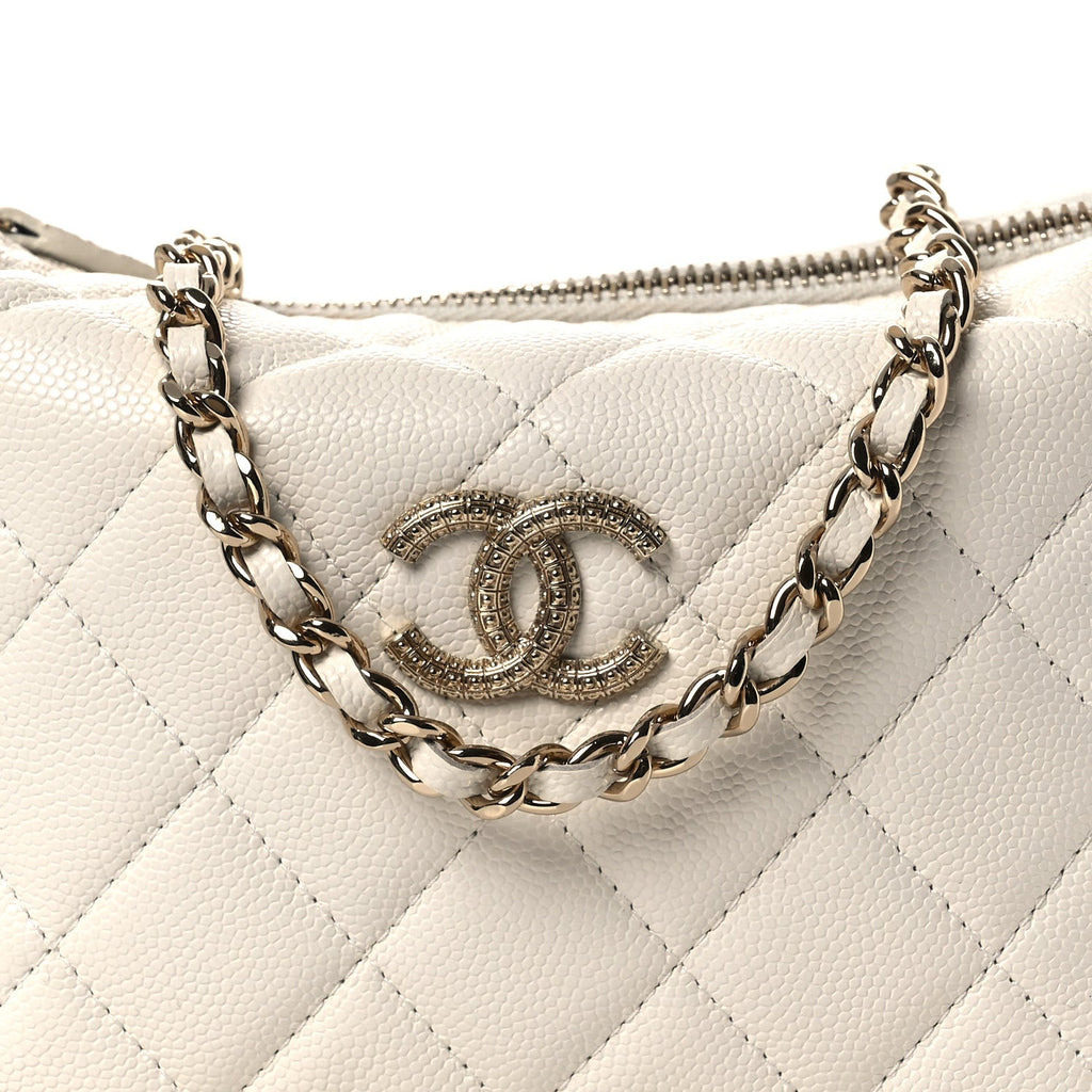Caviar Quilted Hobo Clutch With Chain White