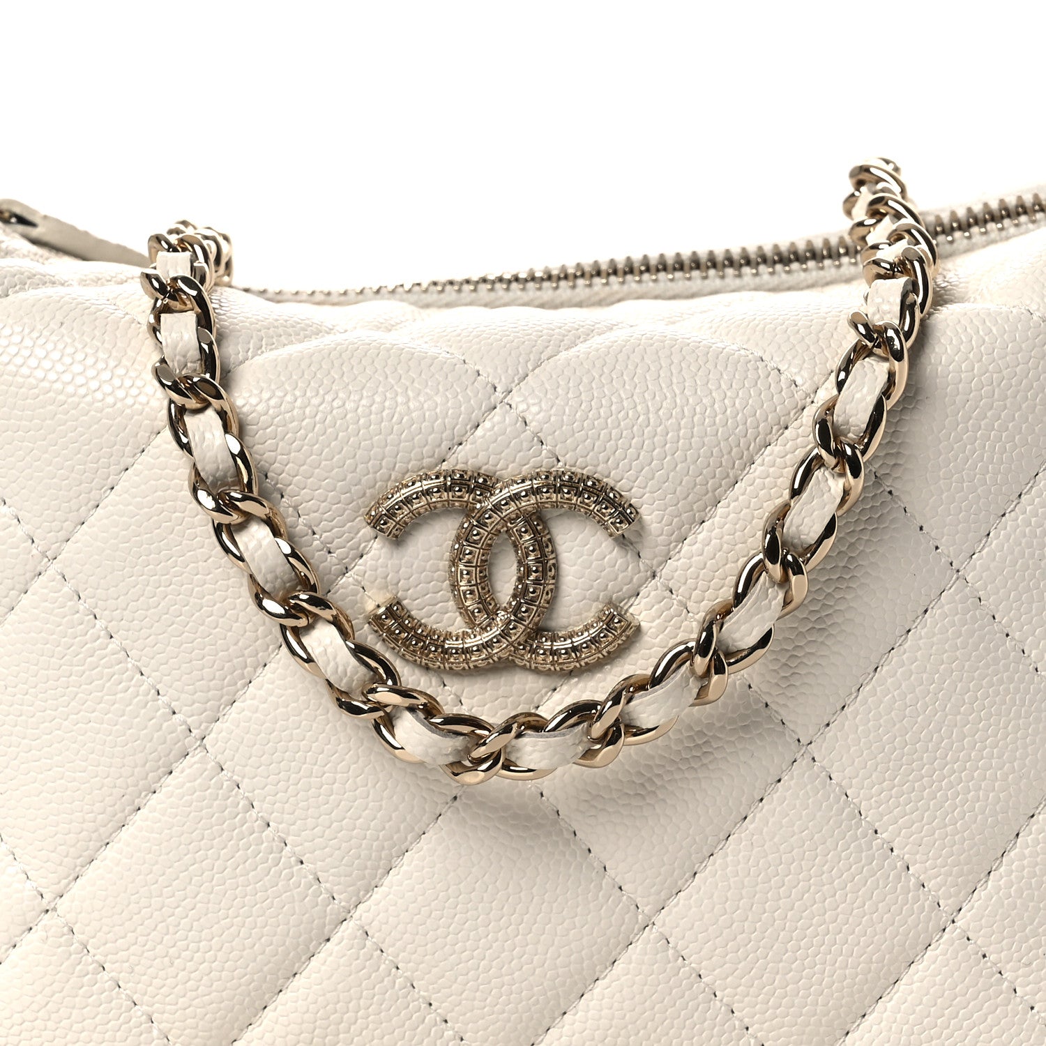 Caviar Quilted Hobo Clutch With Chain White