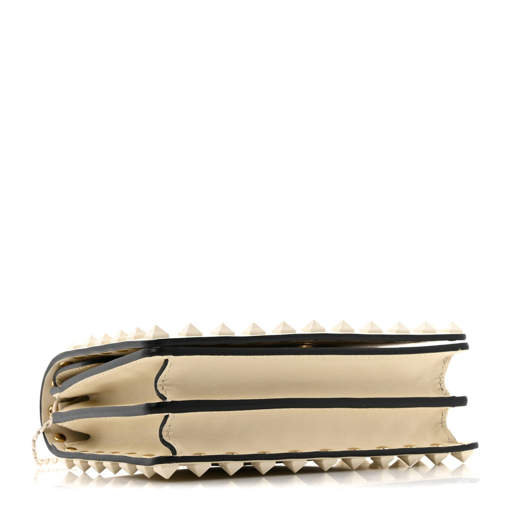 Calfskin Lacquer Monochrome Rockstud Wallet On Chain Ivory