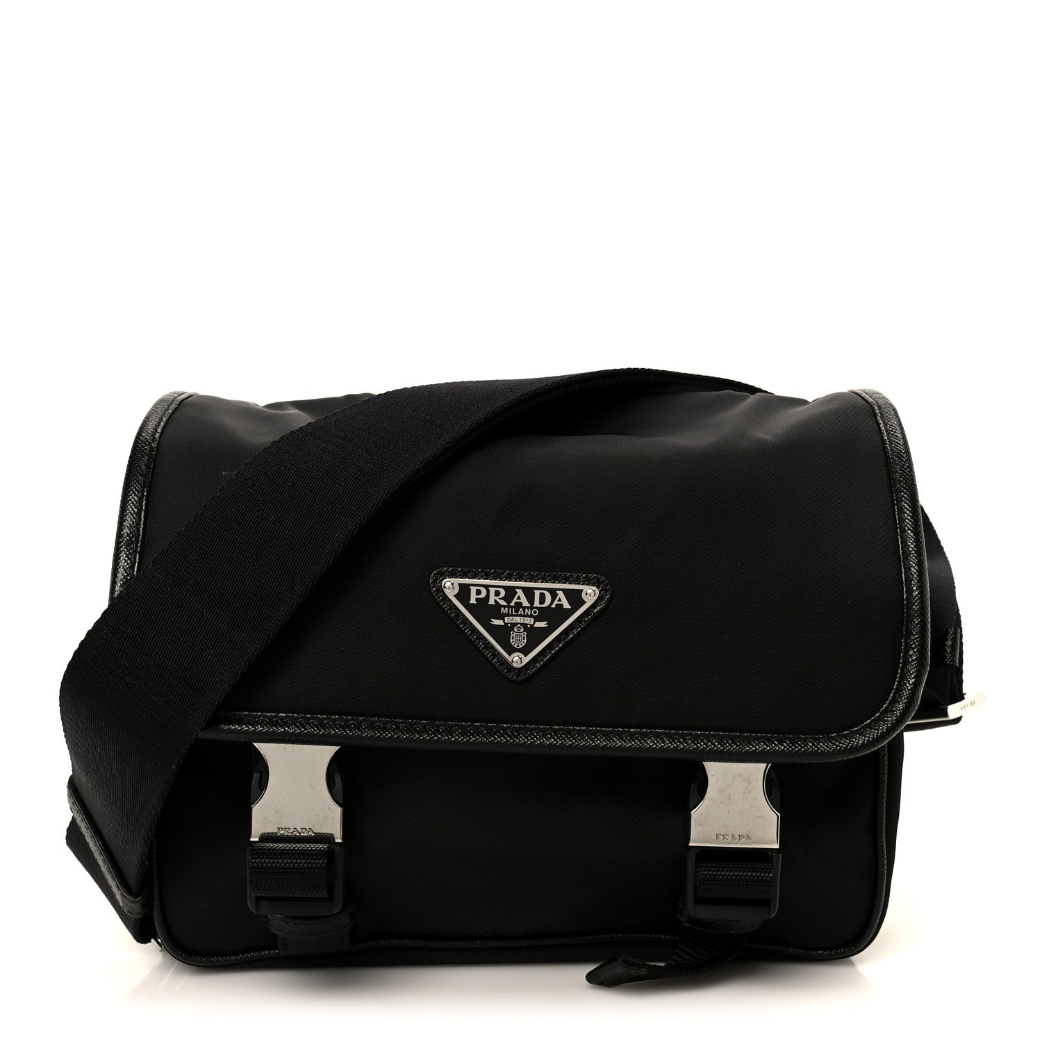 Re-Nylon Saffiano Pocket Double Snap Buckle Shoulder Bag Black